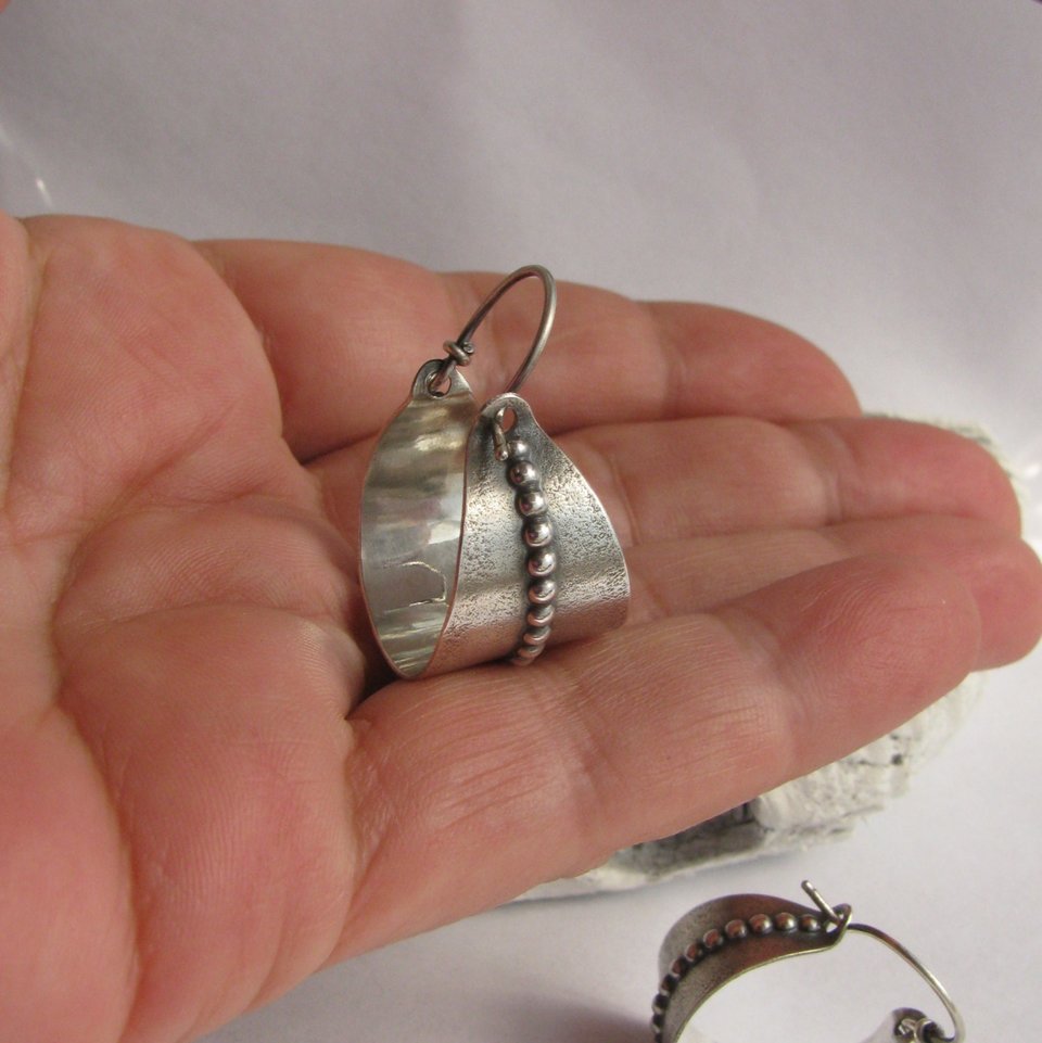 Argentium Silver Hoop Earrings, Beaded Basket, Silversmith Jewelry