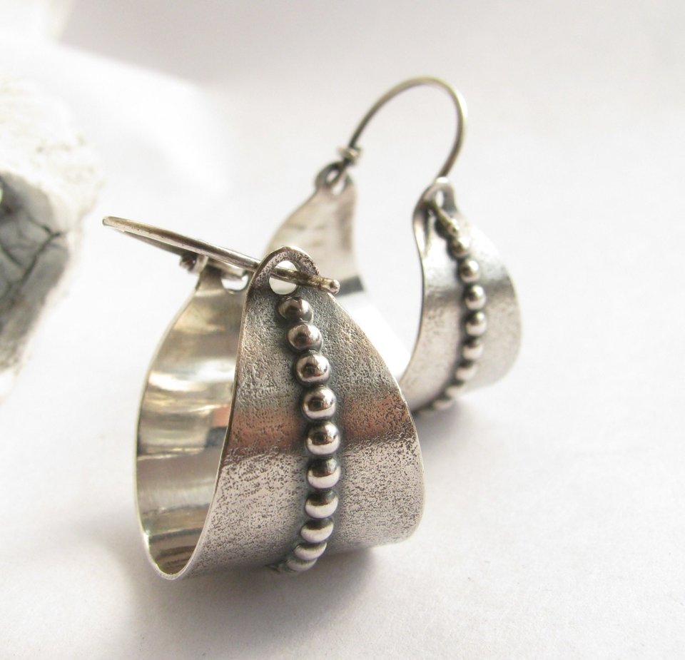 Argentium Silver Hoop Earrings, Beaded Basket, Silversmith Jewelry