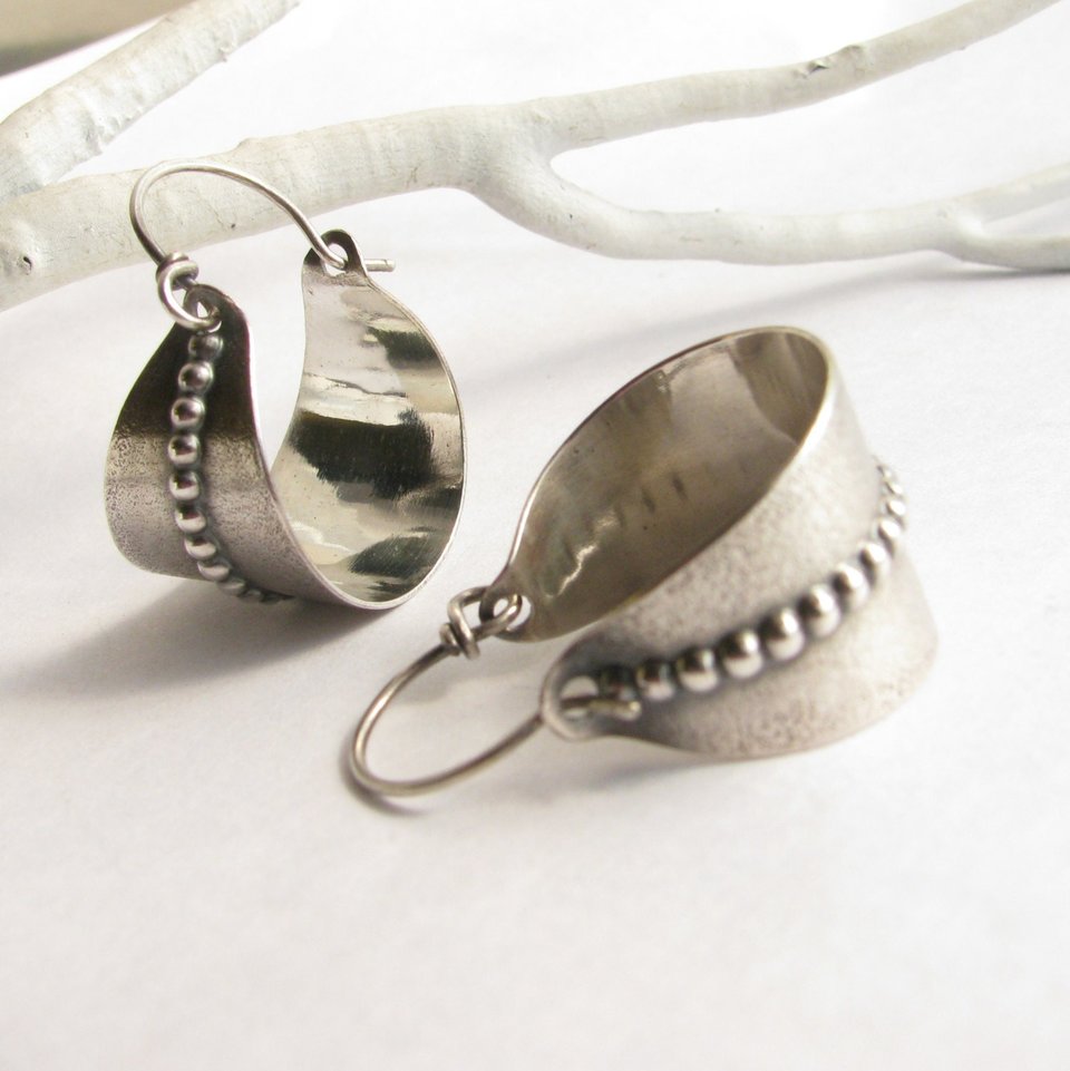 Argentium Silver Hoop Earrings, Beaded Basket, Silversmith Jewelry