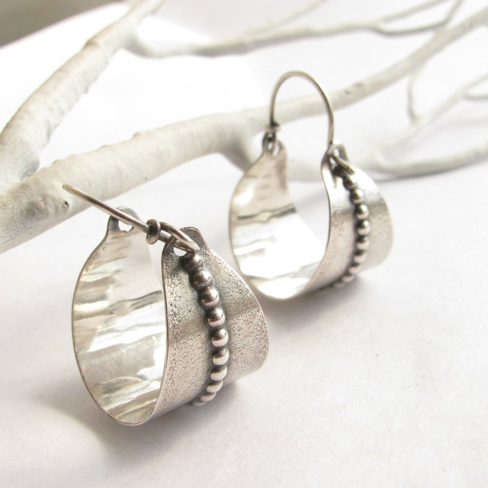 Argentium Silver Hoop Earrings, Beaded Basket, Silversmith Jewelry