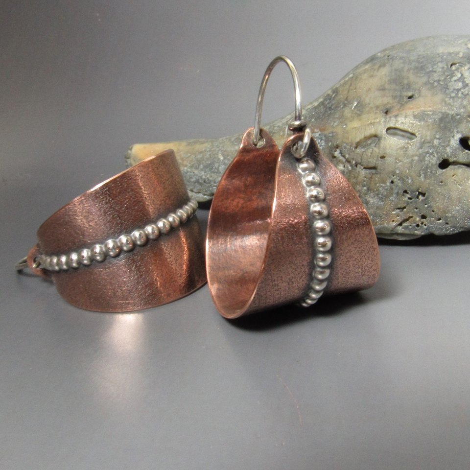 Large Mixed Metal Basket Hoop Earrings, Copper And Sterling Silver, Contemporary Two Tone
