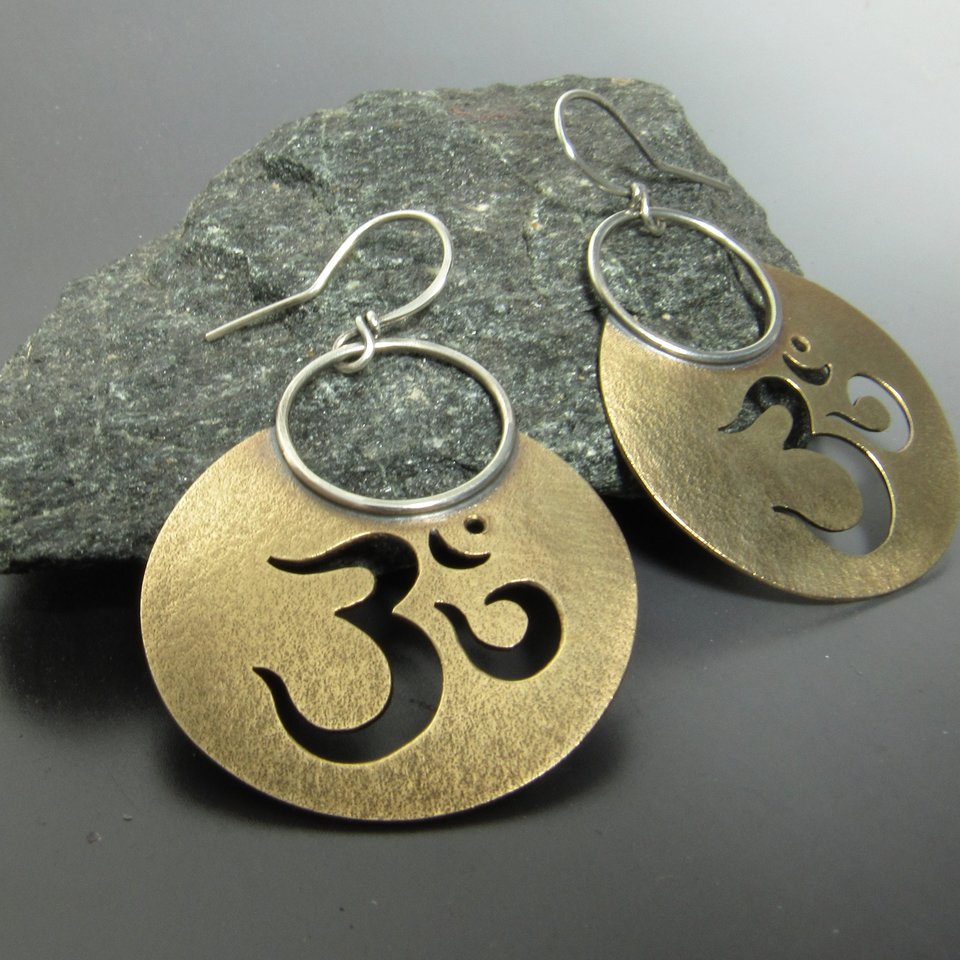 Bronze And Sterling Silver Om Earrings, Large Mixed Metal Dangles, Aum, Yoga, Sanskrit
