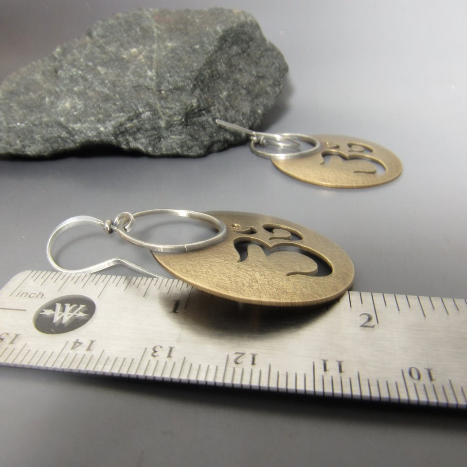 Bronze And Sterling Silver Om Earrings, Large Mixed Metal Dangles, Aum, Yoga, Sanskrit