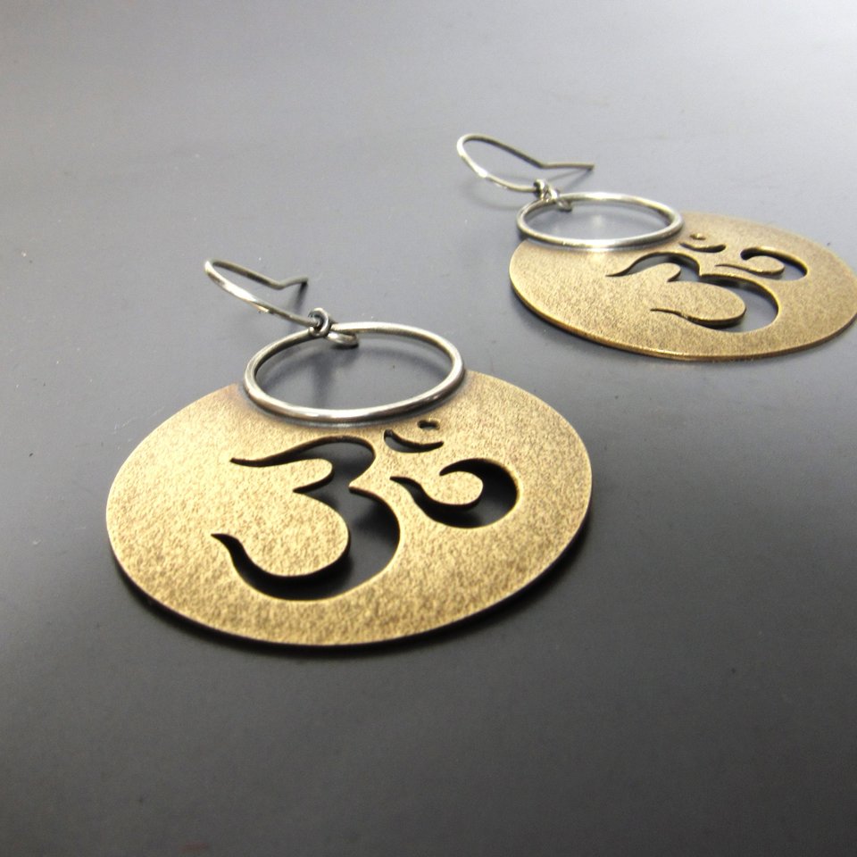 Bronze And Sterling Silver Om Earrings, Large Mixed Metal Dangles, Aum, Yoga, Sanskrit