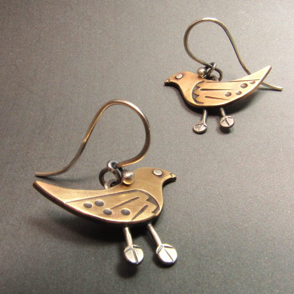Whimsical Bird Earrings, Bronze and Sterling Silver, Handcrafted Art Jewelry