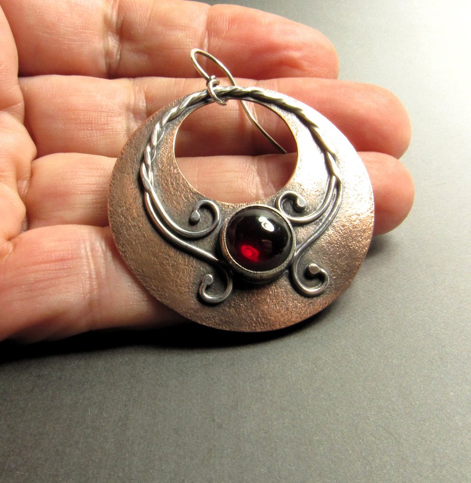 Boho Garnet Earrings, Large Mixed Metal Gypsy Hoops In Copper And Sterling Silver