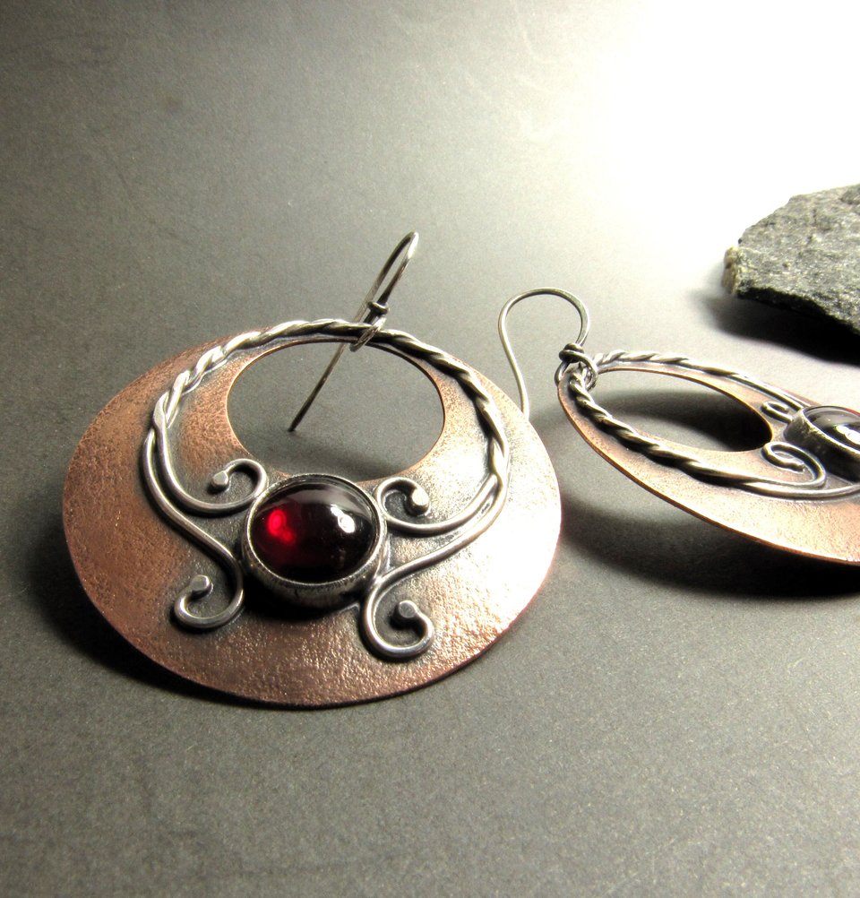 Boho Garnet Earrings, Large Mixed Metal Gypsy Hoops In Copper And Sterling Silver