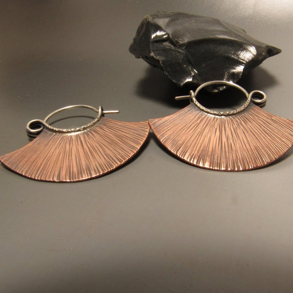 Copper Fan Hoops, Mixed Metal Sterling Silver And Copper Tribal Earrings