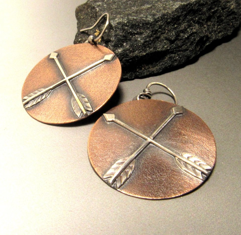 Copper And Silver Mixed Metal Earrings, Friendship Symbol, Disc Shape With Arrows