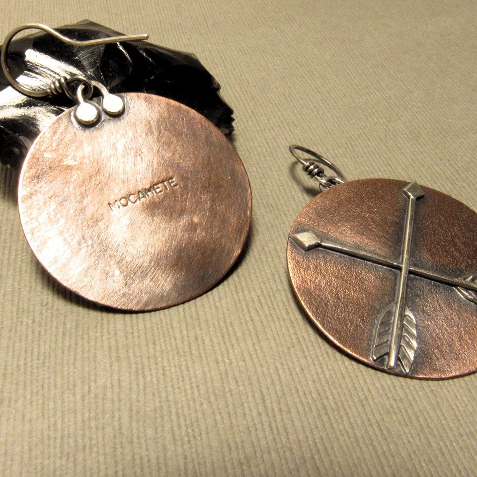 Copper And Silver Mixed Metal Earrings, Friendship Symbol, Disc Shape With Arrows
