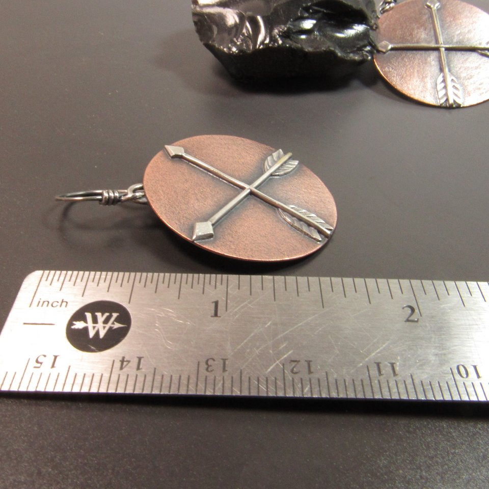 Copper And Silver Mixed Metal Earrings, Friendship Symbol, Disc Shape With Arrows