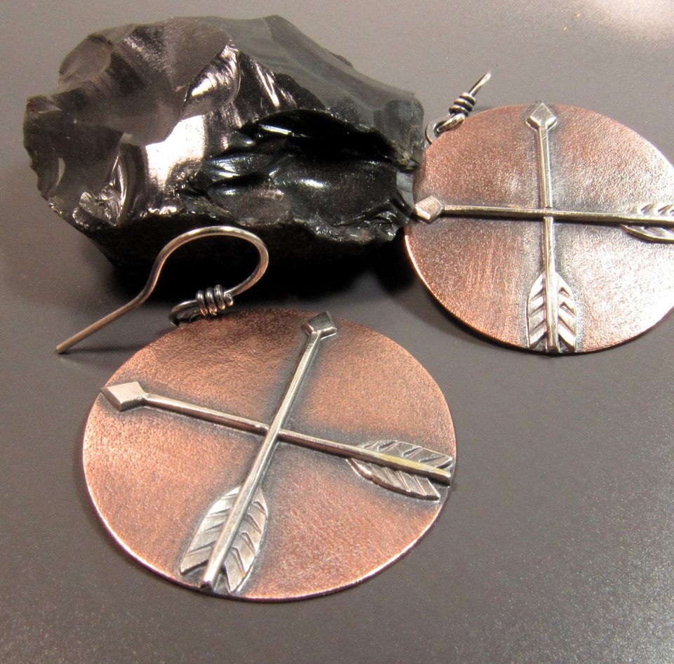 Copper And Silver Mixed Metal Earrings, Friendship Symbol, Disc Shape With Arrows