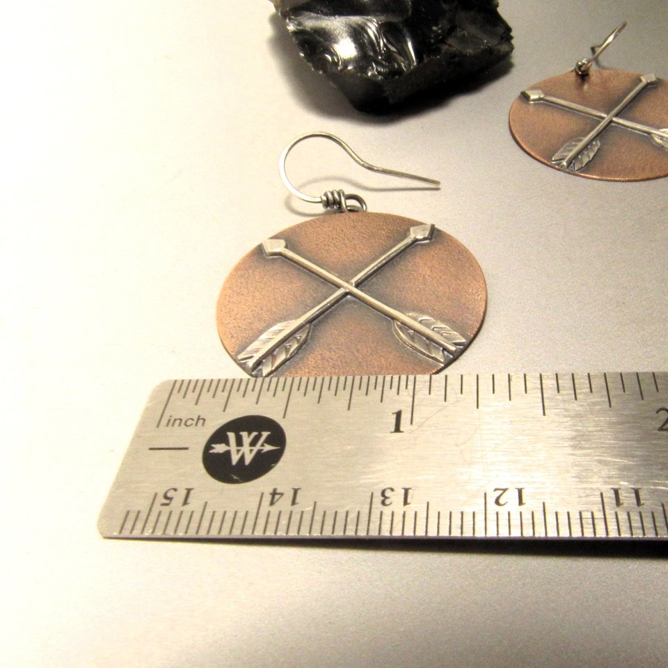 Copper And Silver Mixed Metal Earrings, Friendship Symbol, Disc Shape With Arrows