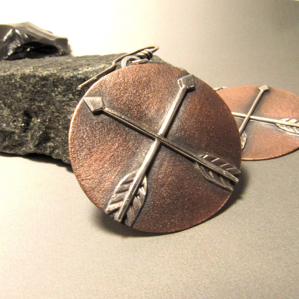 Copper And Silver Mixed Metal Earrings, Friendship Symbol, Disc Shape With Arrows