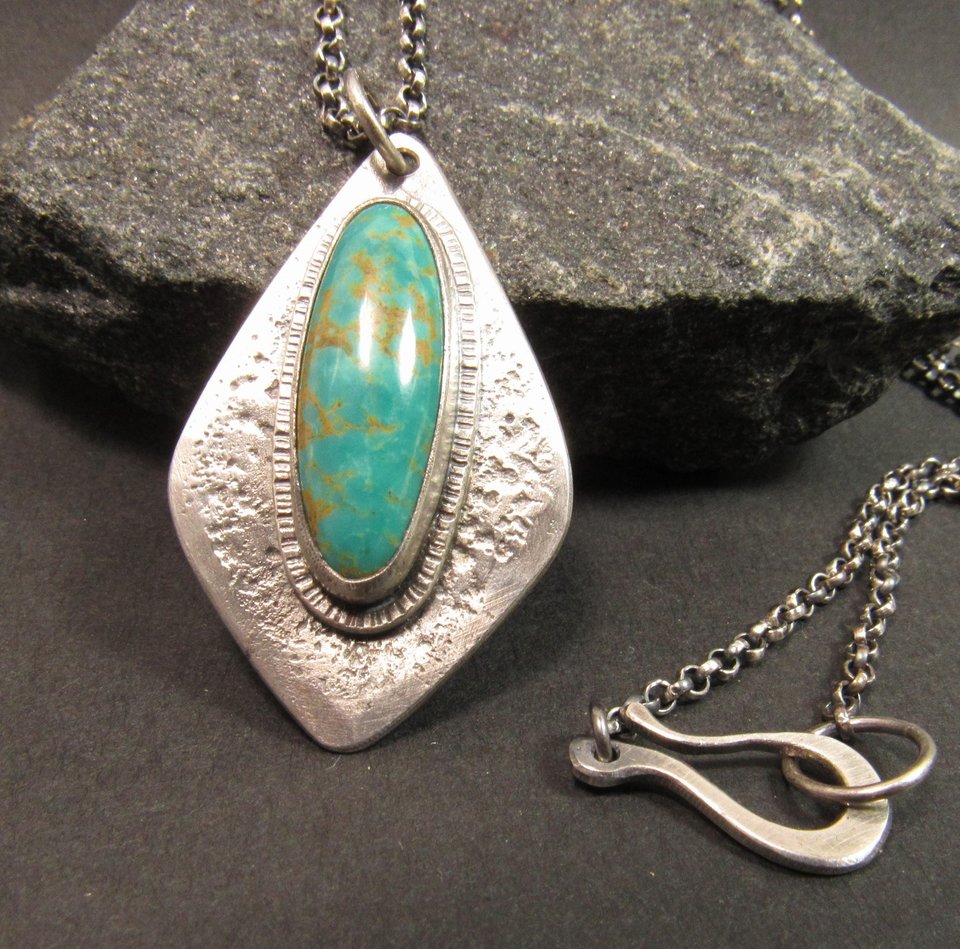 Argentium Sterling Silver And American Turquoise Pendant Necklace, Organic Geometric