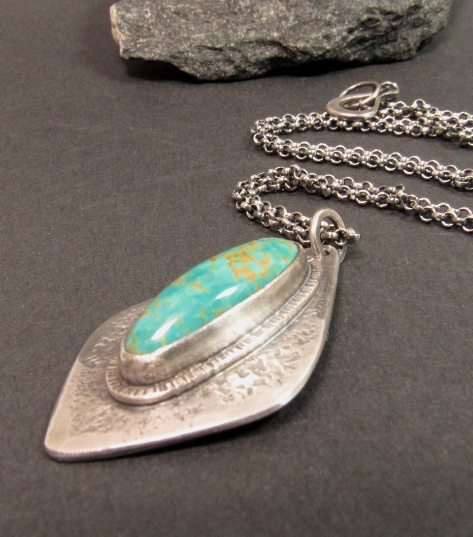 Argentium Sterling Silver And American Turquoise Pendant Necklace, Organic Geometric