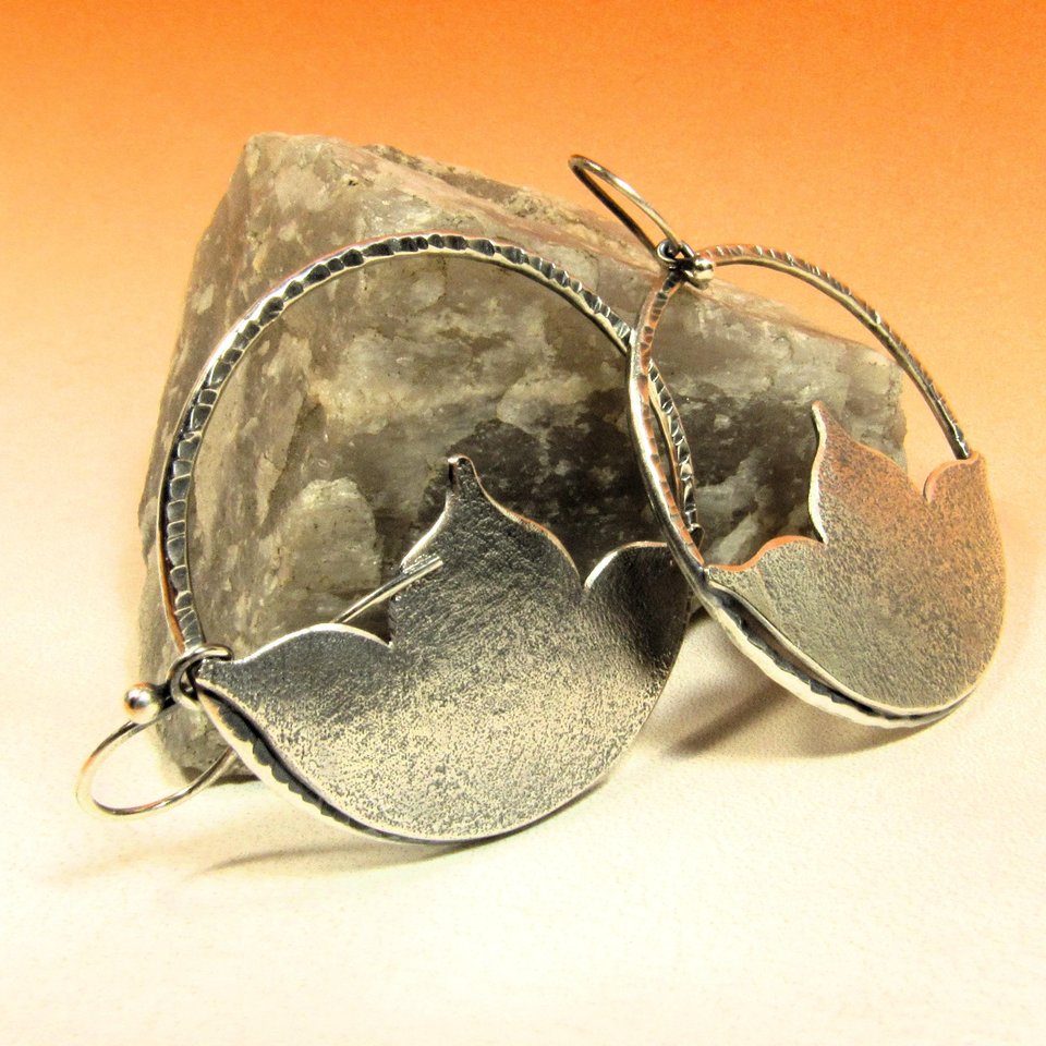 Argentium Sterling Silver Lotus Earrings, Large Floral Dangle Hoops, Boho Statement Jewelry