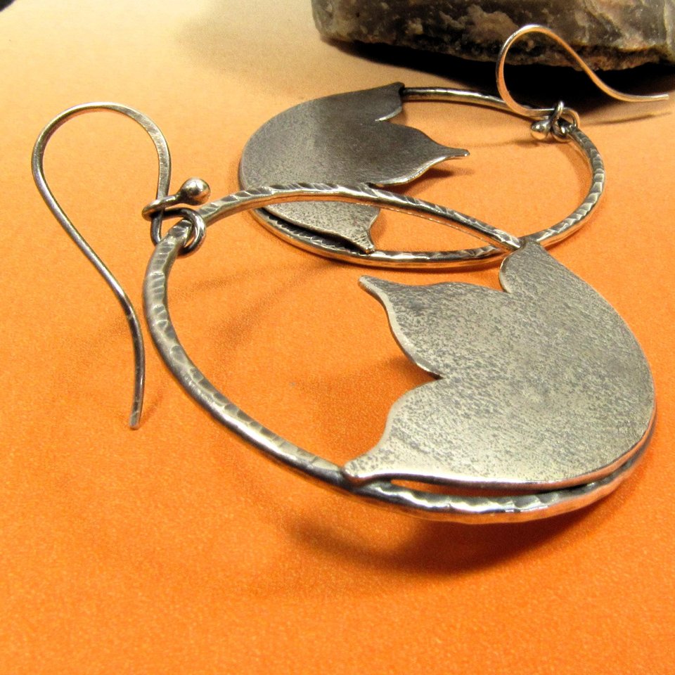 Argentium Sterling Silver Lotus Earrings, Large Floral Dangle Hoops, Boho Statement Jewelry