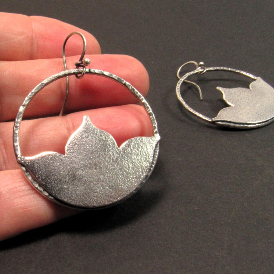 Argentium Sterling Silver Lotus Earrings, Large Floral Dangle Hoops, Boho Statement Jewelry