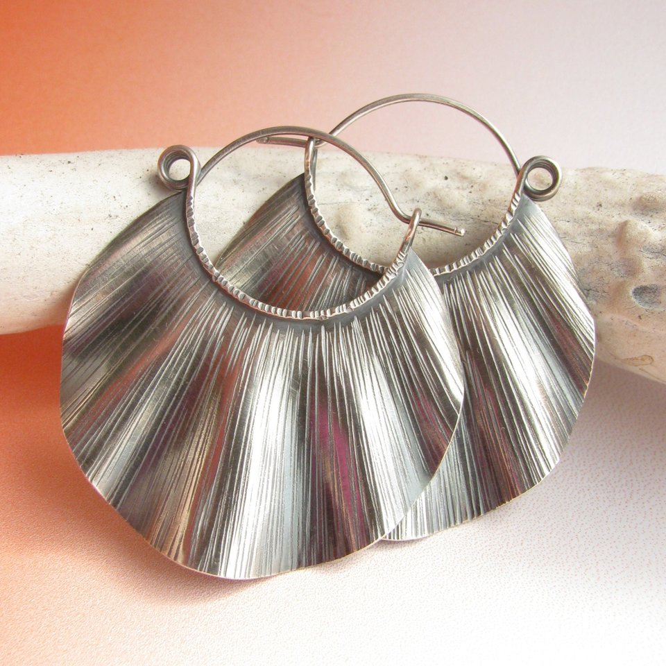 Large Sterling Silver Statement Earrings, Ruffled And Textured Big Silver Hoops, Unique Bohemian Jewelry