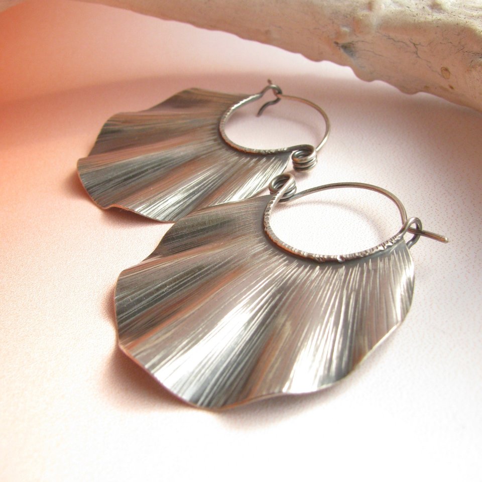 Large Sterling Silver Statement Earrings, Ruffled And Textured Big Silver Hoops, Unique Bohemian Jewelry