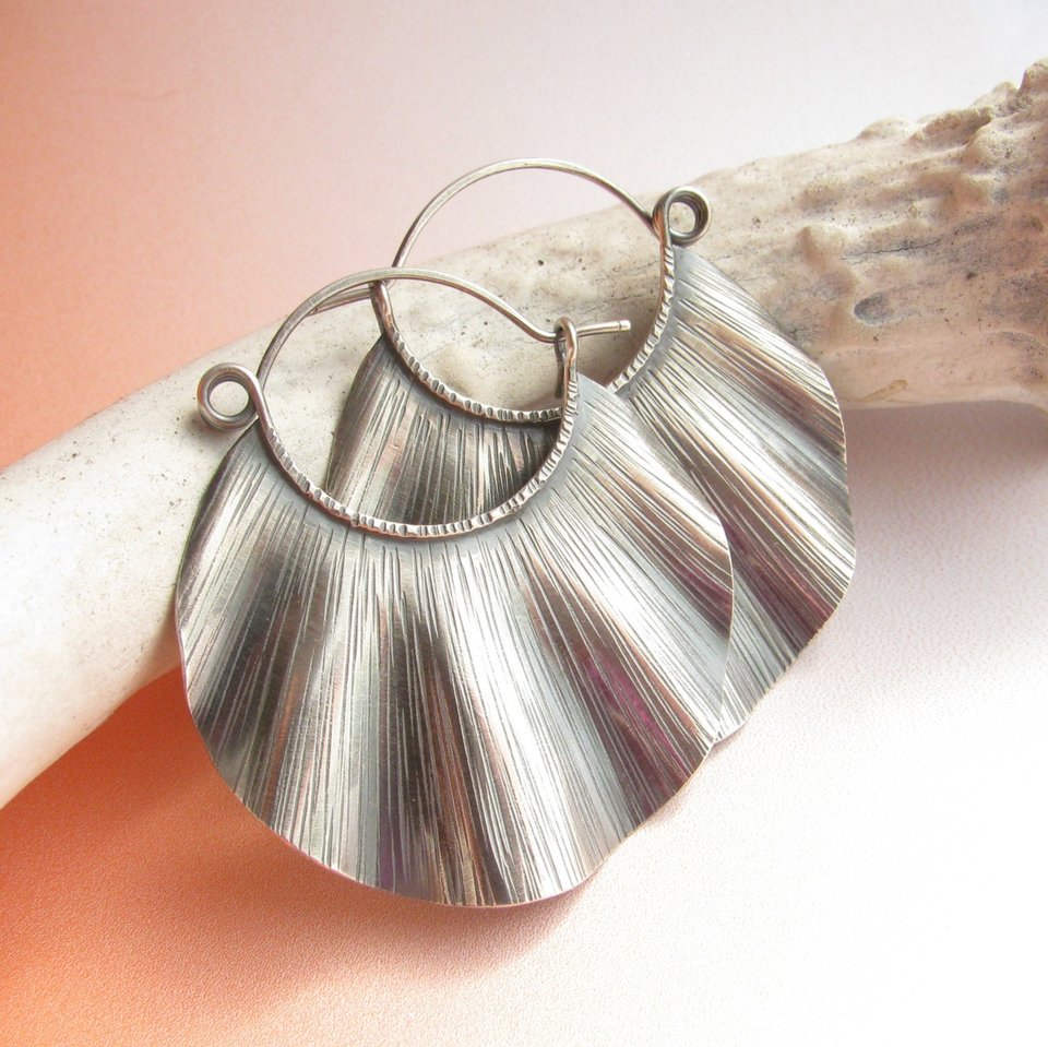 Large Sterling Silver Statement Earrings, Ruffled And Textured Big Silver Hoops, Unique Bohemian Jewelry