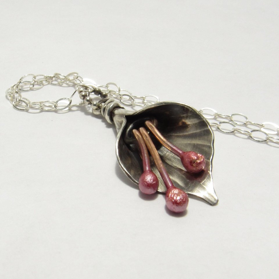 Handmade Sterling Silver Lily Necklace, Flower Jewelry, Red Copper Stamens