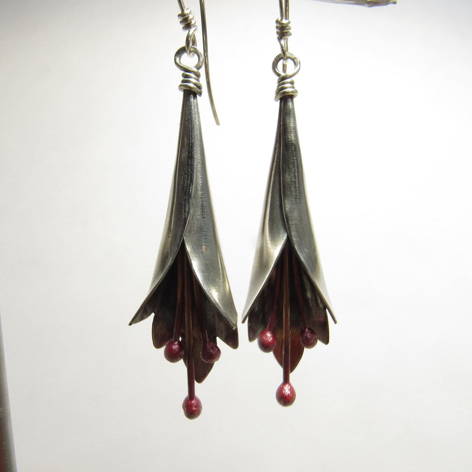 Large Mixed Metal Flower Earrings – Argentium Sterling Silver & Flame-Reddened Copper
