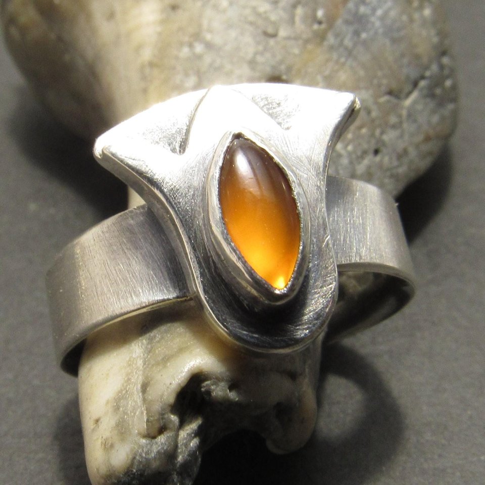 Carnelian Lotus Ring In Argentium Sterling Silver, Egyptian Inspired, Floral Size 6.25 - 7