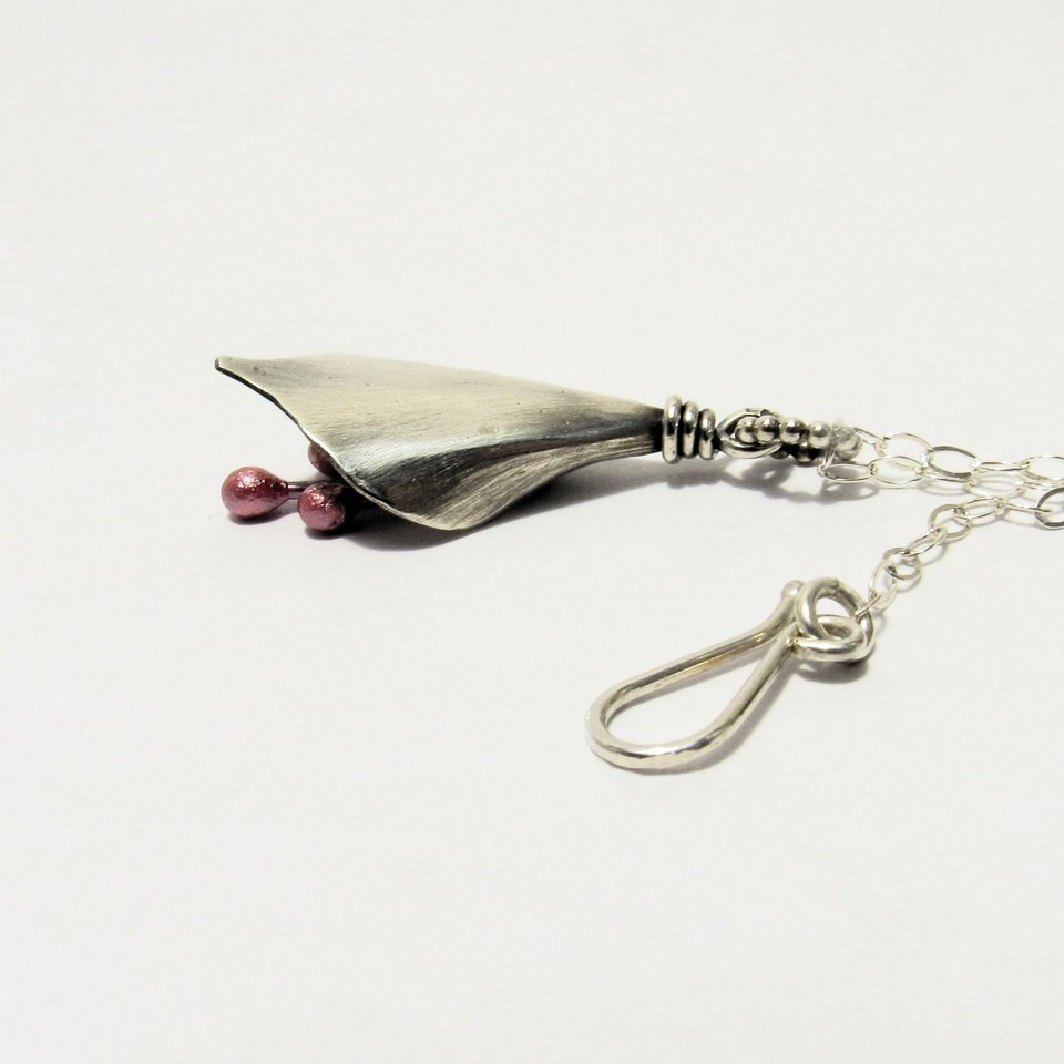 Handmade Sterling Silver Lily Necklace, Flower Jewelry, Red Copper Stamens