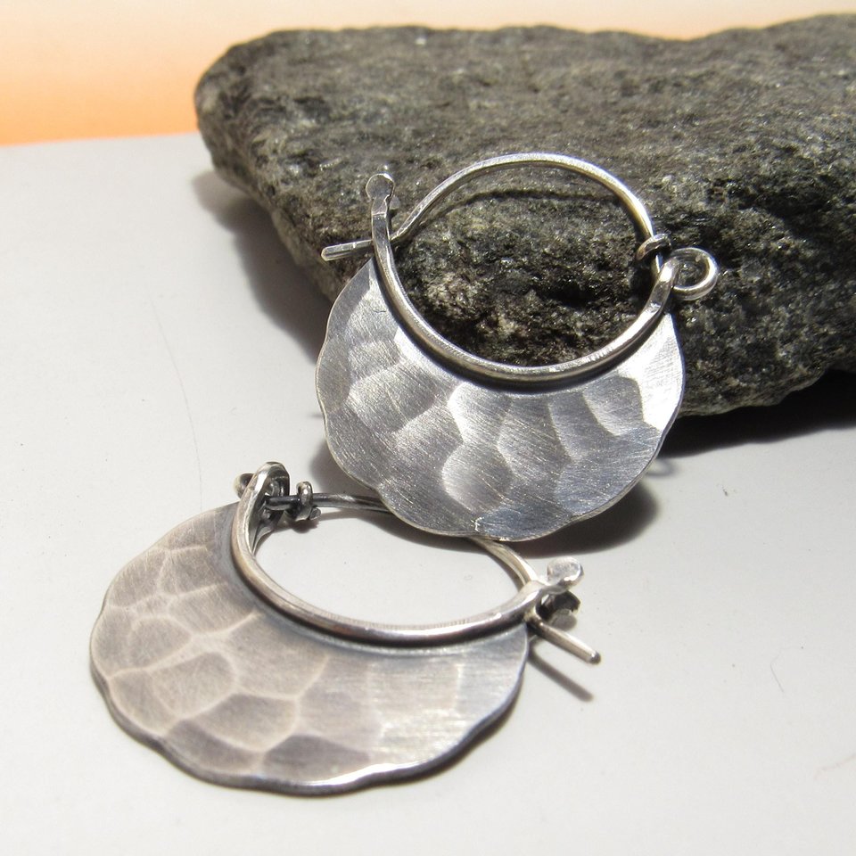 Hammered Argentium Sterling Silver Hoop Earrings | Handmade Minimalist Jewelry