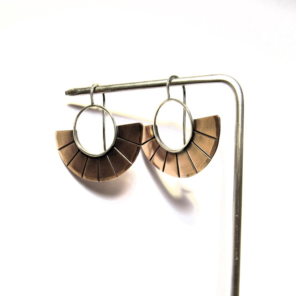 Contemporary  Copper Earrings, Mixed Metal Two Tone Fan Earrings