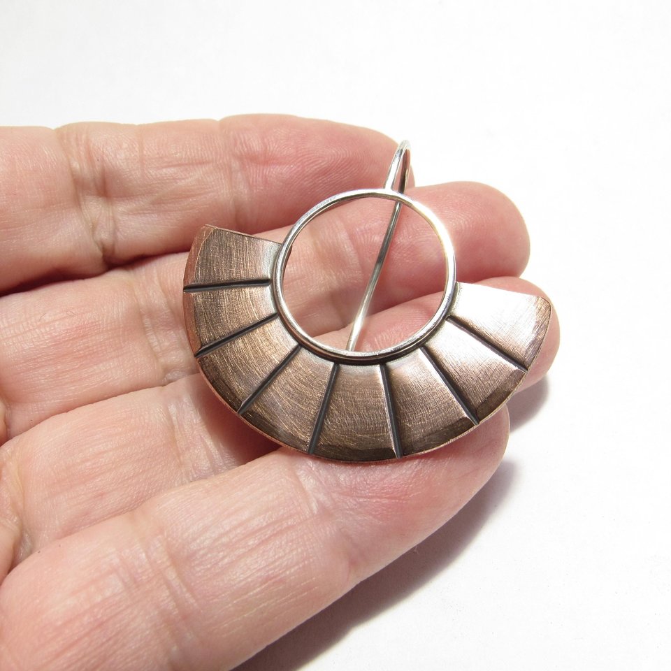Contemporary  Copper Earrings, Mixed Metal Two Tone Fan Earrings