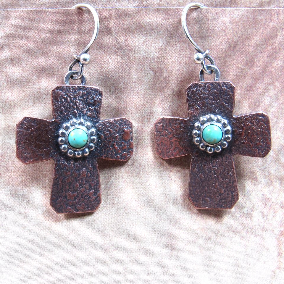 Rustic Copper Cross Earrings with Turquoise and Sterling Silver – Southwest Inspired Mixed Metal