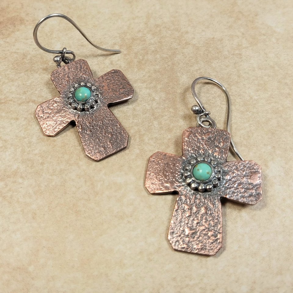 Rustic Copper Cross Earrings with Turquoise and Sterling Silver – Southwest Inspired Mixed Metal