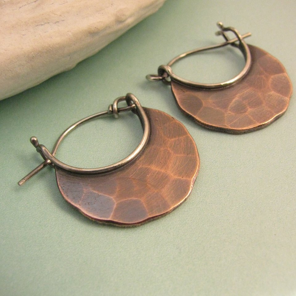 Small Copper Earrings, Forged Hammer Texture, Copper Hoops, Contemporary Metalsmith Design