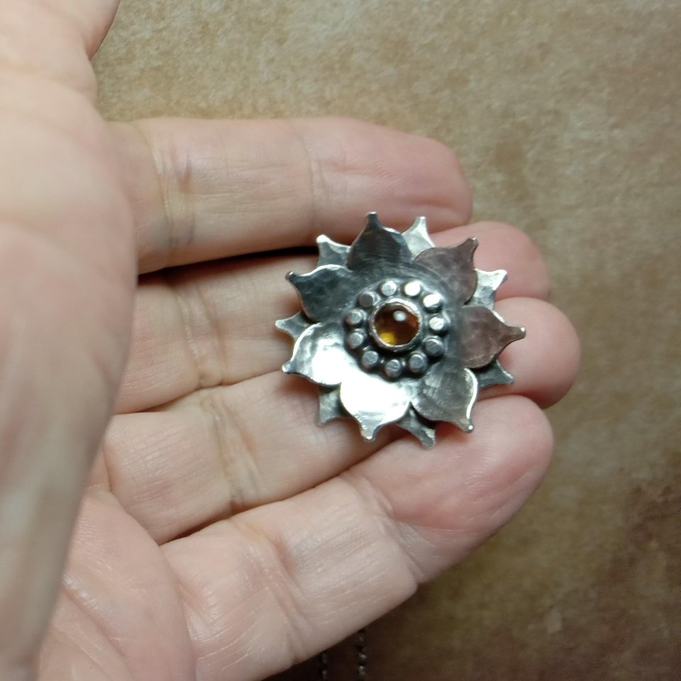 Citrine and argentium SS lotus flower pendant by Mocahete, photo in hand.