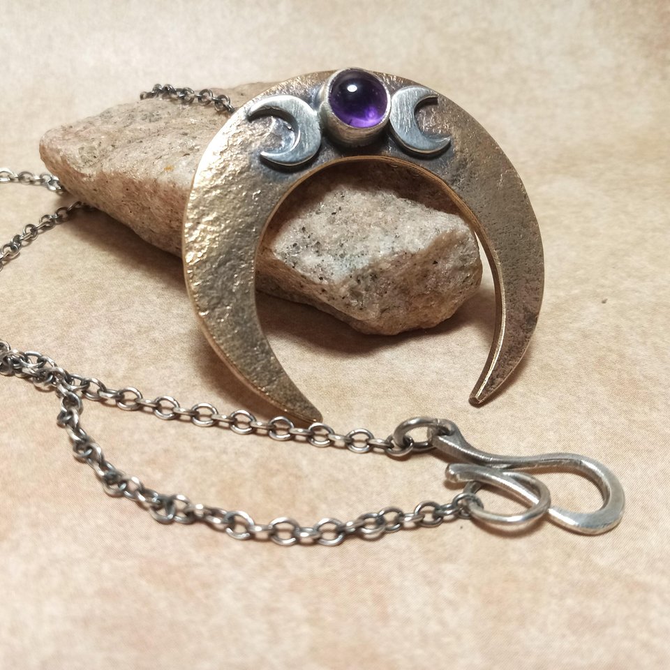 Argentium, Bronze & Amethyst Moon Necklace, Upside Down Crescent