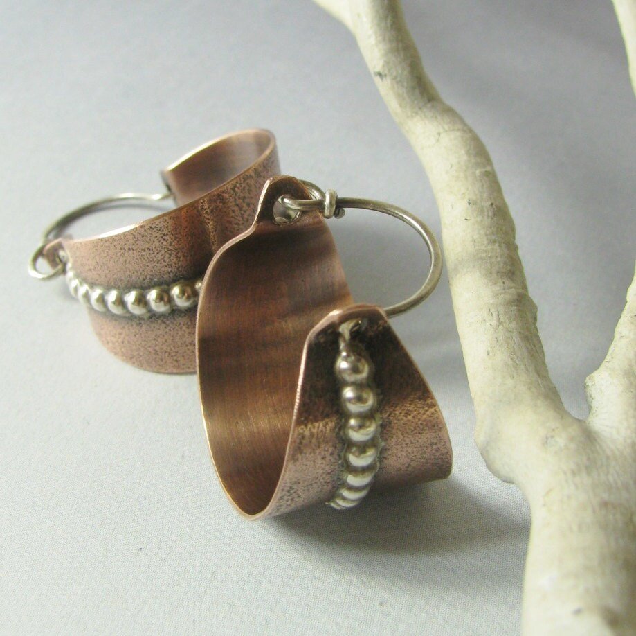Contemporary Sterling Silver And Copper Earrings, Mixed Metal Hoops, Two Tone Jewelry