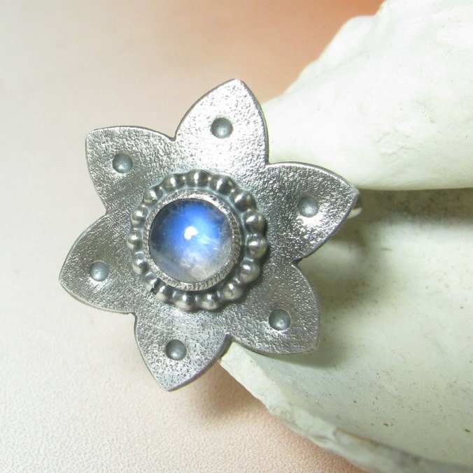 Rainbow Moonstone Flower Ring, Argentium Sterling Silver, Tribal Style (Size 6.5)