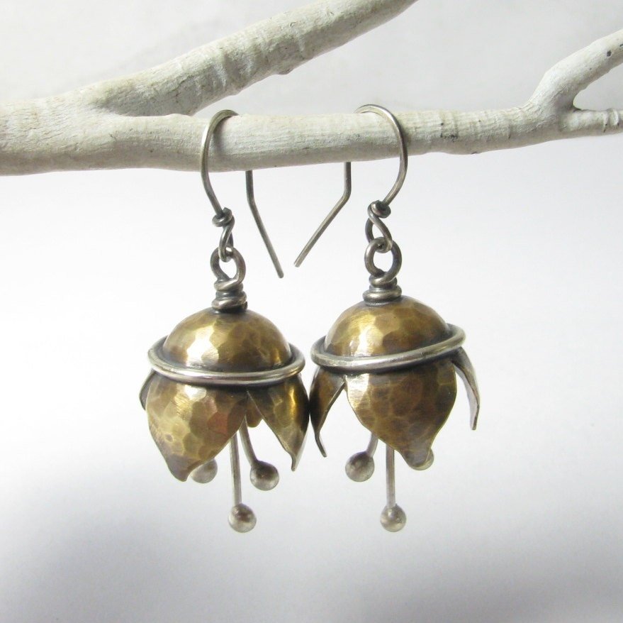 Mixed Metal Bell Flower Earrings, Sterling Silver, Bronze, Artisan Jewelry