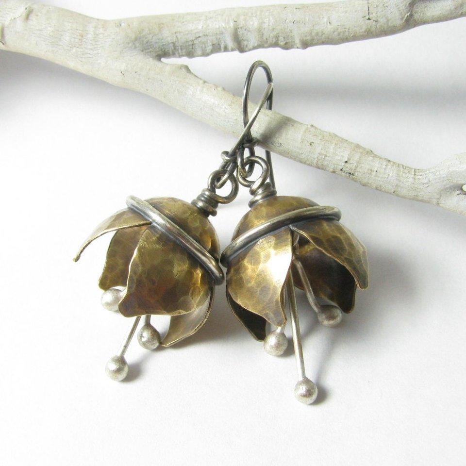 Mixed Metal Bell Flower Earrings, Sterling Silver, Bronze, Artisan Jewelry