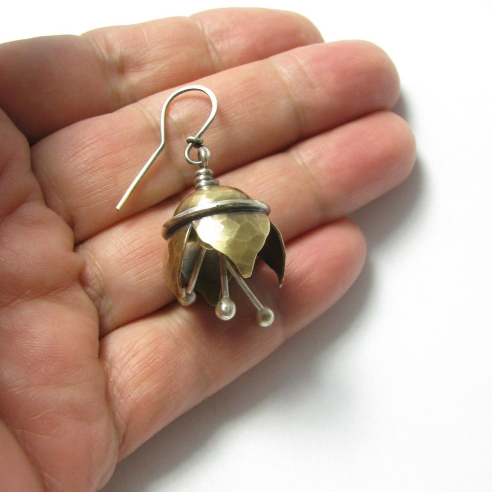 Mixed Metal Bell Flower Earrings, Sterling Silver, Bronze, Artisan Jewelry