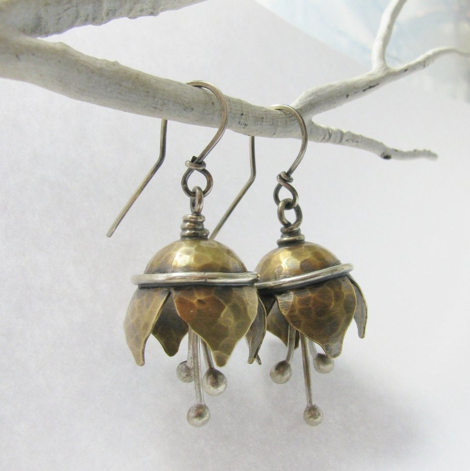 Mixed Metal Bell Flower Earrings, Sterling Silver, Bronze, Artisan Jewelry