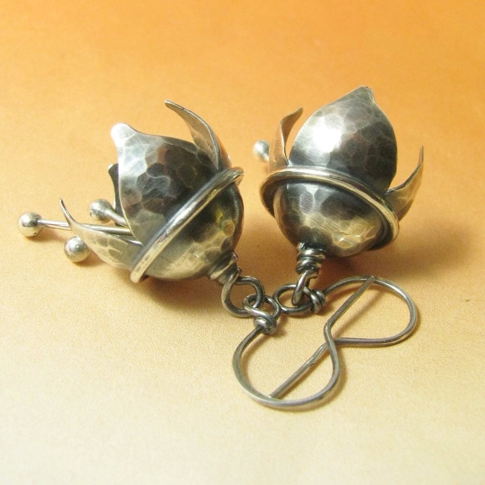 Sterling Silver Bell Flower Earrings, Artisan Musical Jewelry