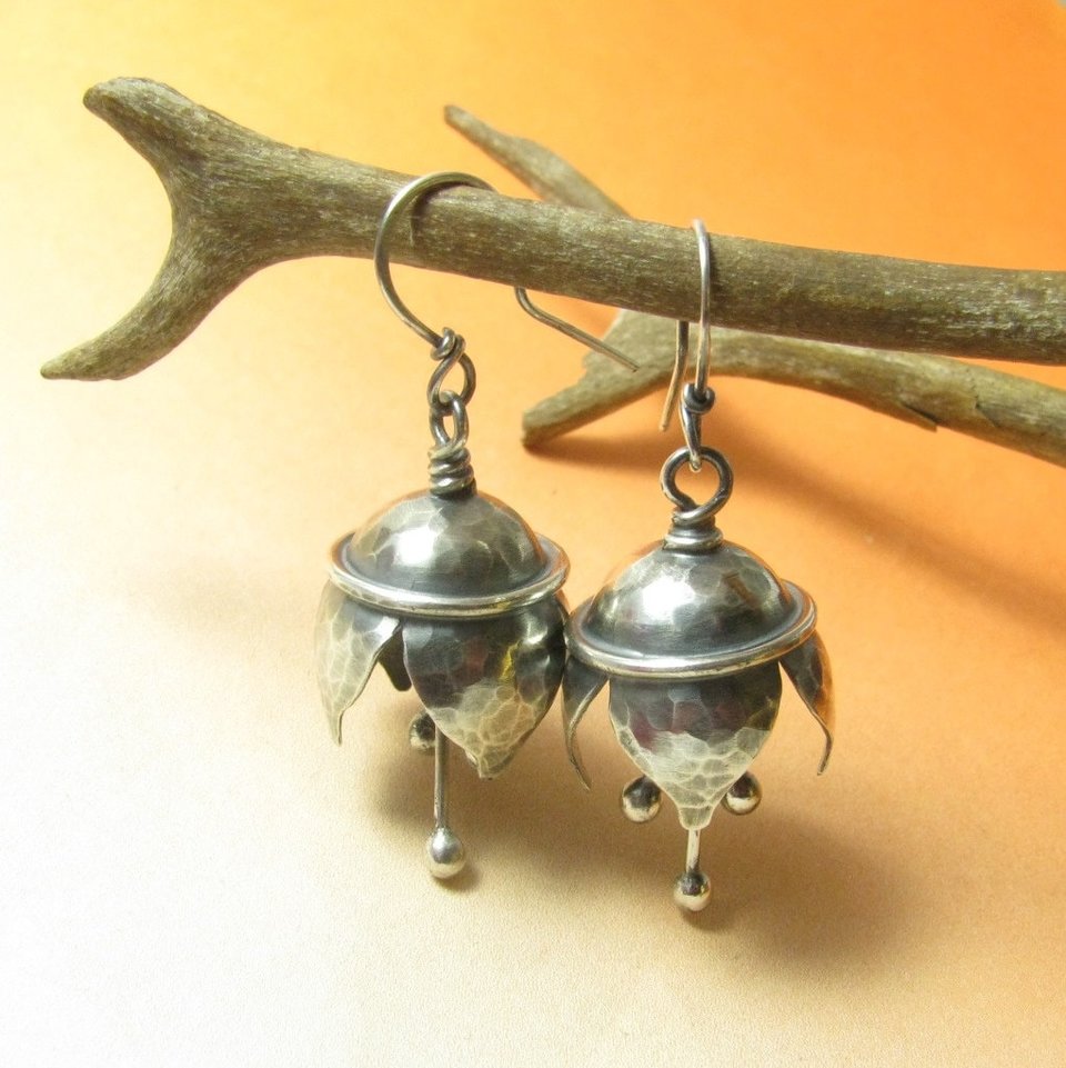 Sterling Silver Bell Flower Earrings, Artisan Musical Jewelry