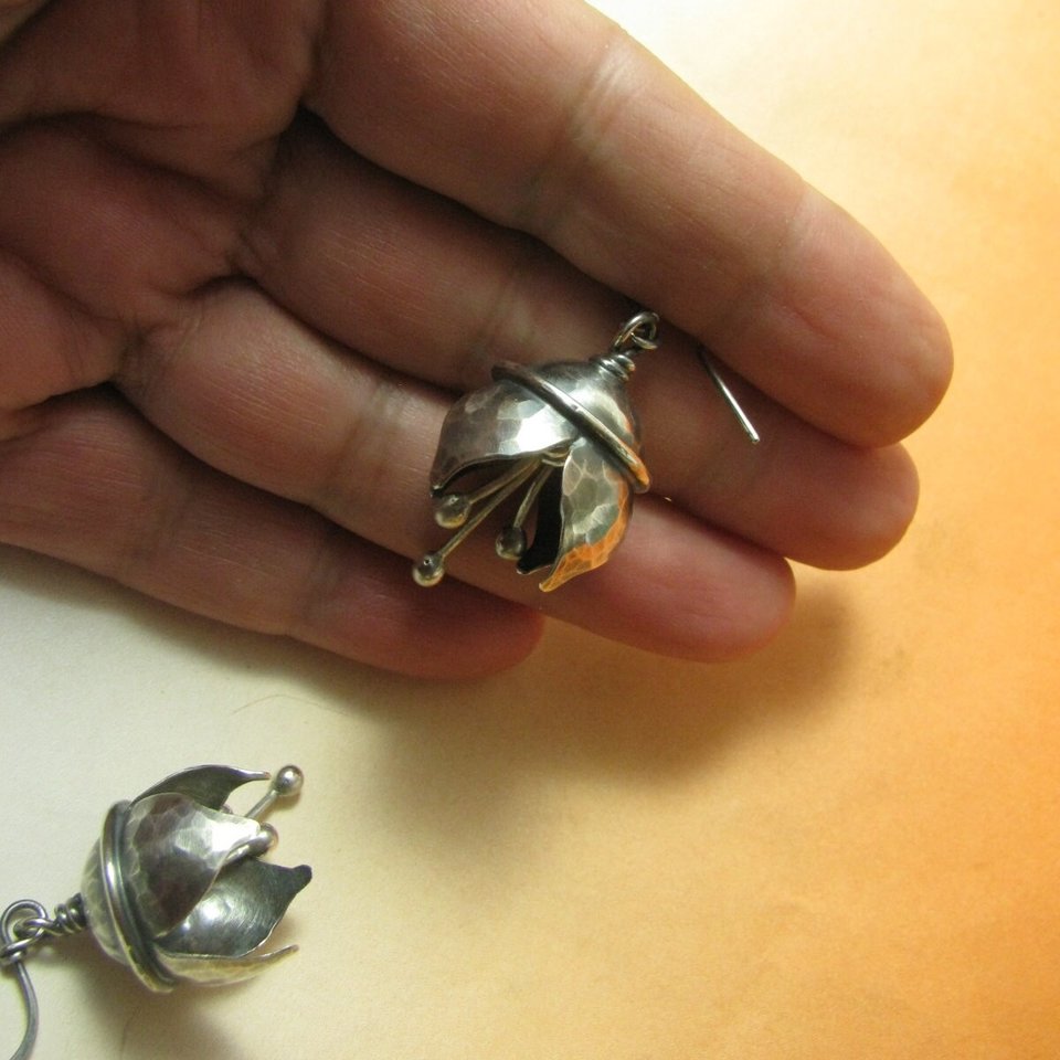 Sterling Silver Bell Flower Earrings, Artisan Musical Jewelry