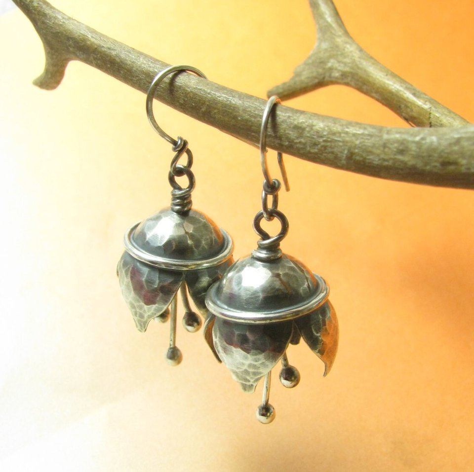 Sterling Silver Bell Flower Earrings, Artisan Musical Jewelry